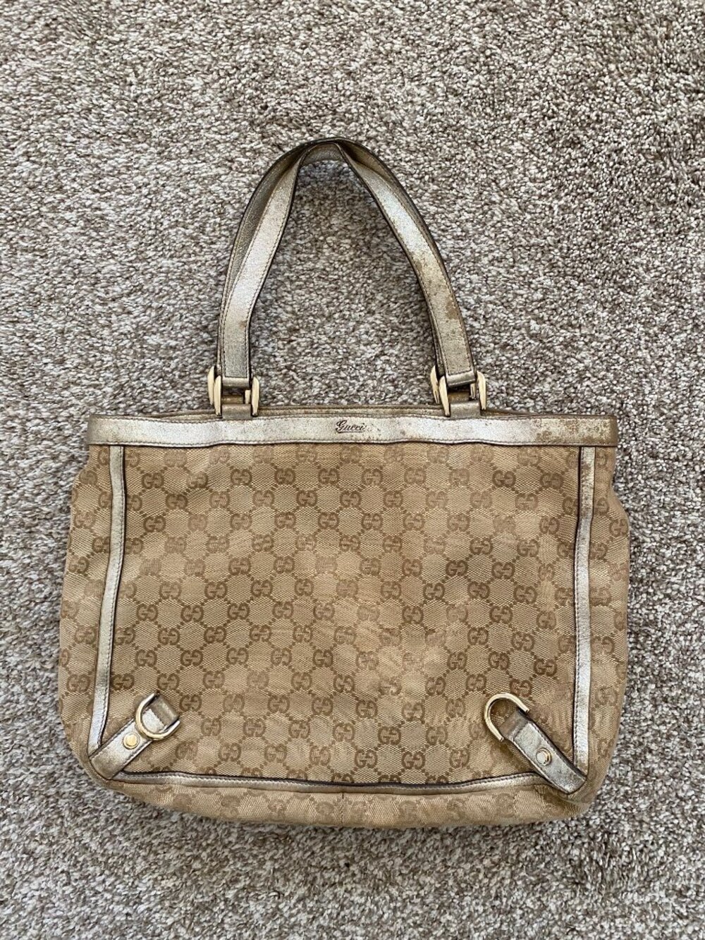 Authentic Gucci GG Canvas Abbey Medium Tote Bag - Metallic Gold Trim Italy Made